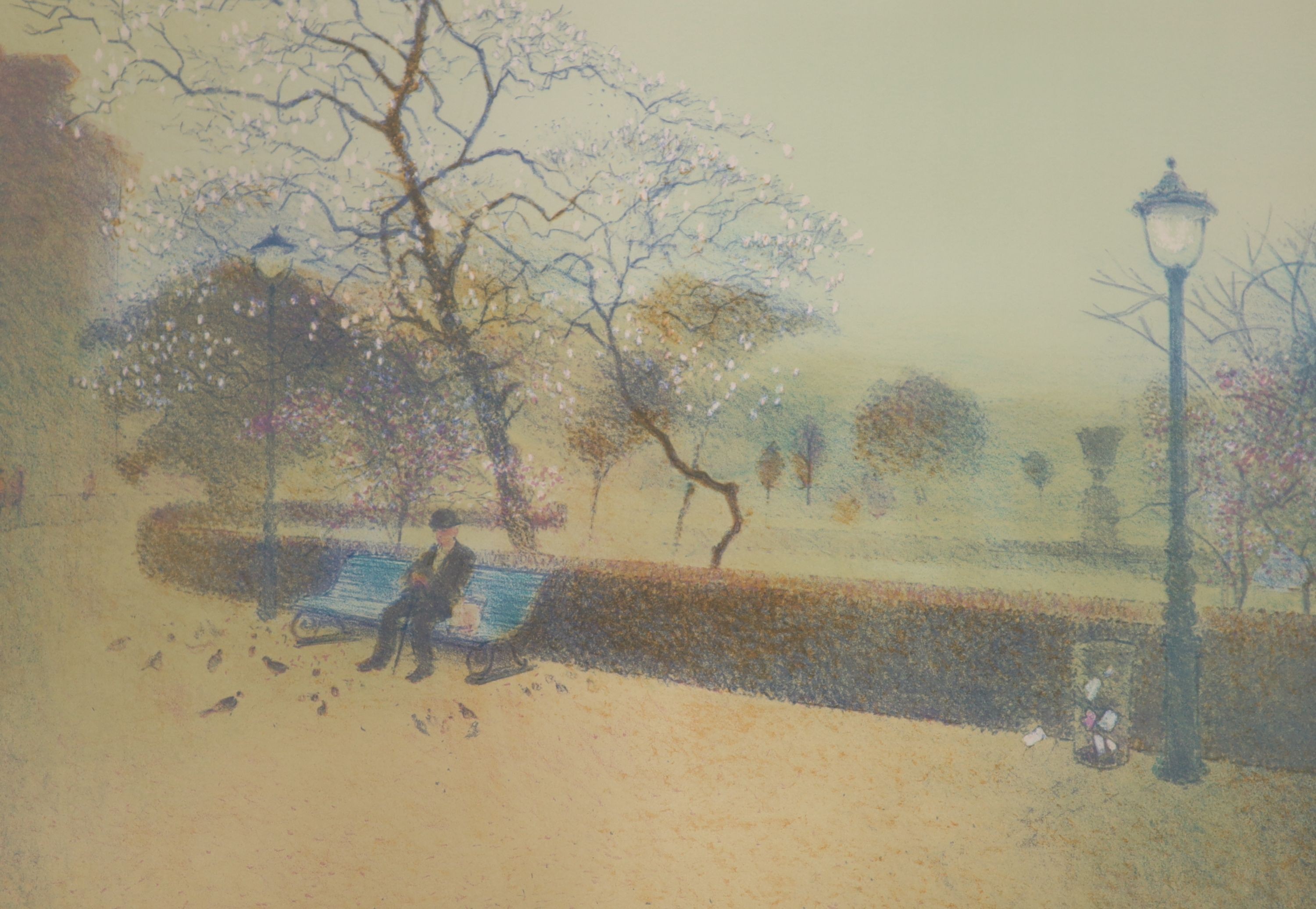 John Icku, limited edition print, 'Littered Ways (City)', signed in pencil, 43/100, overall 54 x 77cm, Derek Mynott, lithograph, 'Spring in the Park', 100/250, 40 x 55cm, Donald Wilkinson, lithograph, 'Wild Montbretia',